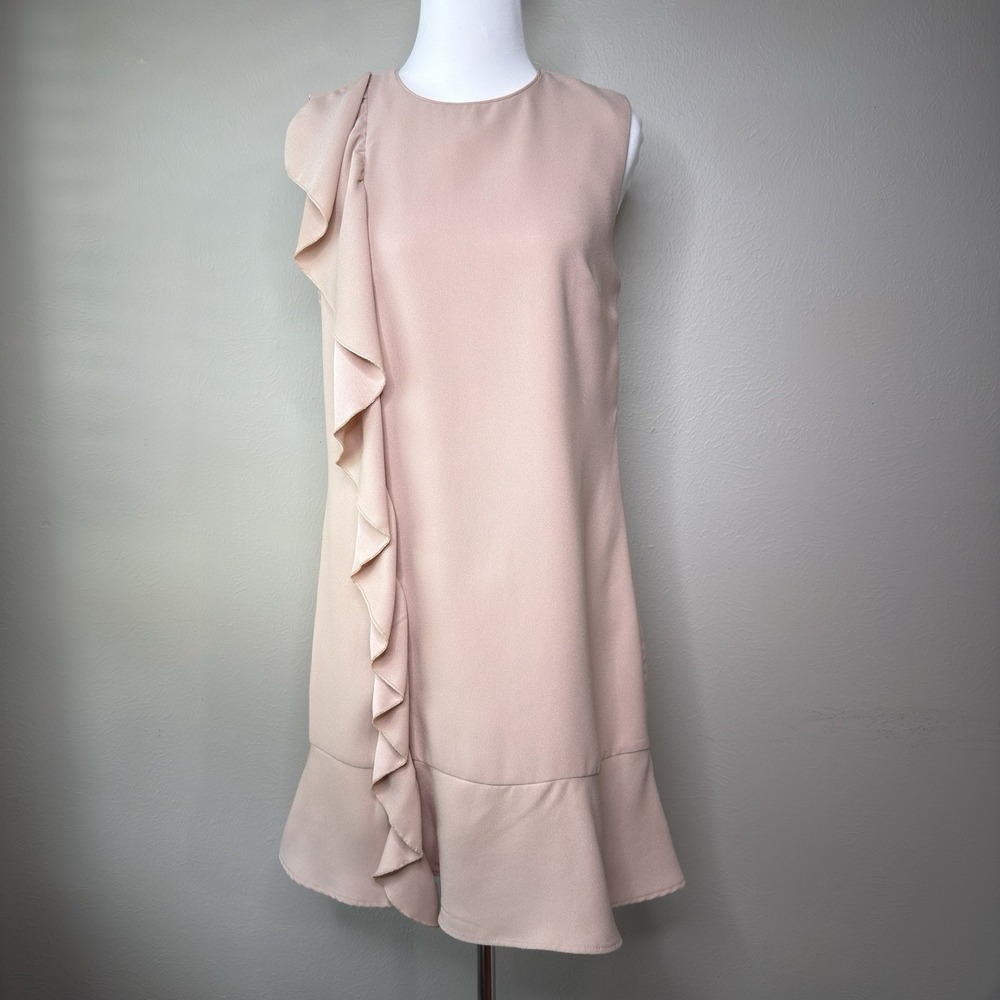 Zara S Shift Dress Beige Nude Ruffle Career Office Cocktail Flowy Coquette Prep